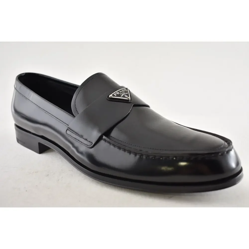 Prada Black Brushed Leather Triangle Logo Classic Loafer SlipOn Flat UK 12 US 13 - Picture 6 of 16